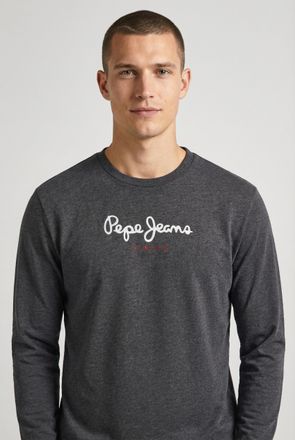 Pepe Jeans London Langarmshirt PEPE JEANS EGGO LONG N, Herren, Gr. XXL, schwarz marl grau, Jersey, Obermaterial: 100% Baumwolle, bedruckt, regular fit normal, Rundhals,