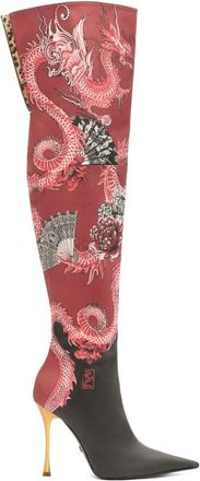 Roberto Cavalli Laarzen met hoge hak en drakenprint - Rood