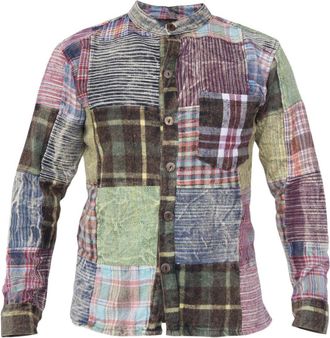 Gheri Mens Check Patchwork Winter Collarless Grandad Hippie Shirt X-Large Multicoloured