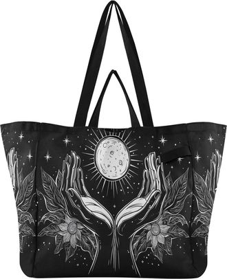 Generic Hand Moon Flowers Black pattern Reusable Canvas Tote Bag, Heavy Duty Grocery Shopping Bag with Double Handles Hard Bottom Large Capacity Work Grocerie