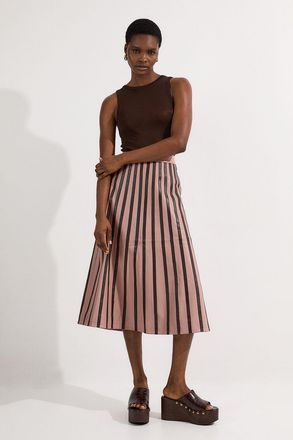 Karen Millen Womens Leather Stripe Mix Full Midi Skirt - Rose Lamb Leather - Size 10 UK
