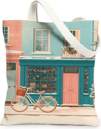 Generic Winter Vintage Artistic Canvas Tote Bags, Bike Pattern Reusable Grocery Bags, Lightweight Washable Shoulder Strap Canvas Fo, Light Beige, 13x15 Inch