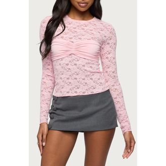 Edikted Rosette Bandeau Sheer Lace Top in Light-Pink at Nordstrom, Size X-Large
