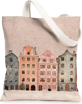 Generic Winter Vintage Canvas Tote Bags, Charming Snowy Buildings Pattern Reusable Bags, Lightweight Washable Shoulder Strap for Tr, Peach, 13x15 Inch
