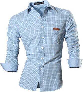 Jeansian Mens Fashion Long Sleeves Check Shirts Plaid Casual Pocket Dress Tops Slim Fit 8615 LightBlue XL