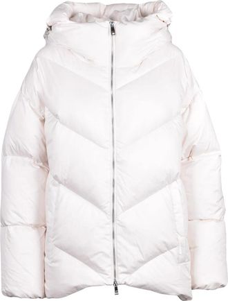 Add Asymmetric White Down Jacket with High Collar and Chevron Stitching
