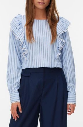 Vero Moda Fanni Embroidered Trim Ruffle Top in Brunnera Blue W. Stripes at Nordstrom, Size X-Large
