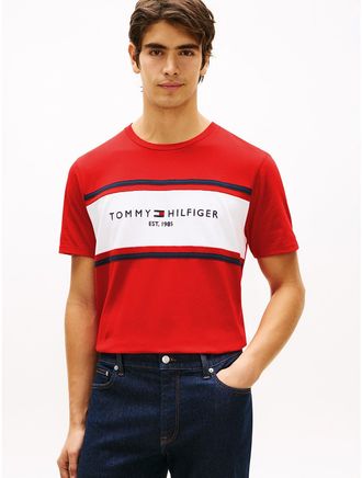 Tommy Hilfiger Mens Hilfiger Block Stripe Logo T-Shirt - Red - XXXL