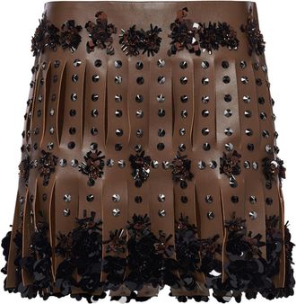 Prada embroidered leather mini skirt - women - Cellulose/Lambskin/Polyester/glass - 40 - Brown