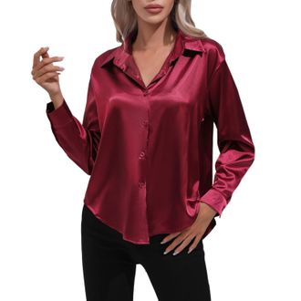 Generic Dark Blue Blouse Satin Shirt Womens Satin Faux Silk Long Sleeve Shirt Spring and Summer European and American Womens Clothing Womens Long Sleeve Blous