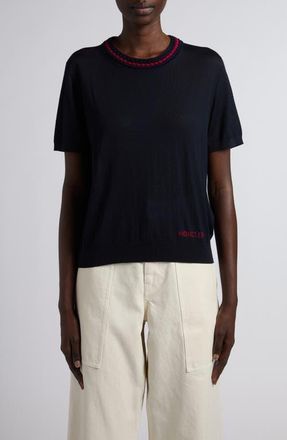 Moncler Embellished Virgin Wool Sweater in Dark Navy Blue at Nordstrom, Size Xx-Large