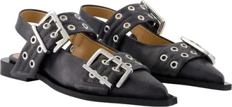 Ganni Womens Buckle-Strapped Leather Flat Gray