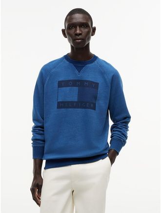 Tommy Hilfiger Mens Flag Logo Indigo-Dyed Raglan Sweatshirt - Blue - XXXL