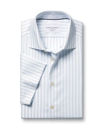 CHARLES TYRWHITT Short Sleeve Non-Iron Cotton Linen Stripe Shirt - Ice Blue Size 15.5/SH by Charles Tyrwhitt