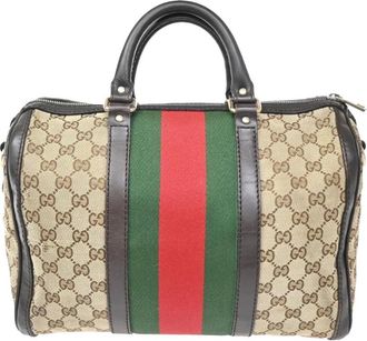 Gucci Pre-owned Handbags, female, Brown, Size: ONE SIZE Pre-owned Vintage Monogram Canvas Stripe Boston Bag