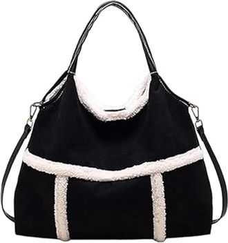 Generic Women Suede Tote With Faux Lamb Wool Lined, Vintage Lamb Wool Lined Shoulder Bag, for Everyday (black)