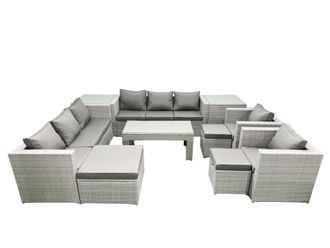 Fimous Outdoor Garden Furniture Rattan Sofa Set with 2 Armchairs Oblong Coffee Table 3 Footstools 2 Side Tables Light Grey Mixed