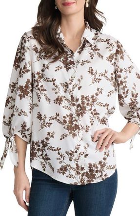 Jones New York Floral Tie Sleeve Button-Up Shirt in White Sand Multi at Nordstrom, Size X-Large