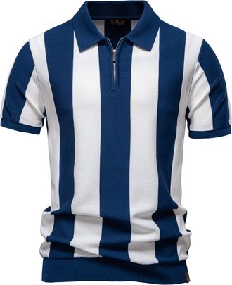 Generic Mens Zipper Polo Shirts Short Sleeve Knit Contrast Striped Tops Business Casual Shirts for Men Fashion Casual Golf Shirt (Navy Blue,XL)