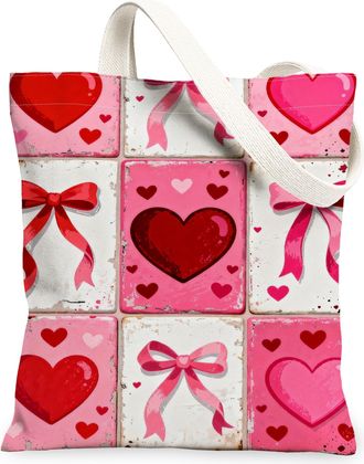 Generic ValentineS Day Hearts Canvas Tote Bags, Cute Love Pattern Reusable Grocery Bags, Lightweight Washable Shoulder Strap, Peach, 13x15 Inch