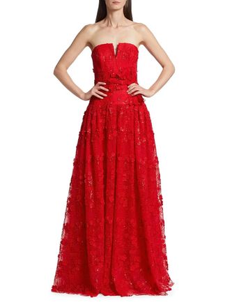 Monique Lhuillier Celia Tulle Embroidered Gown In Rouge