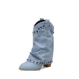 Generic Womens Western Cowboy Boots In Denim Fabric With Studded Detail Slouchy Shaft Round Toe Low Block Heels Pull Tab Soft Inner Lining Durable Non-Slip Ou