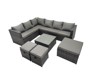 Fimous Patio Furniture Sets with Corner Sofa Square Coffee Table 3 Footstools in Dark Grey