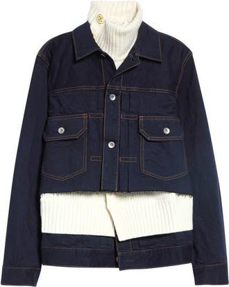 sacai Denim & Wool Knit Jacket in Navy/off White at Nordstrom, Size 4