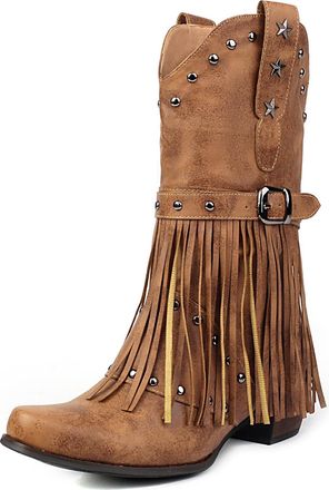 Generic Womens Block Heel Mid-Calf Boots with Rivet Square Toe Long Boots with Buckle PU Leather Fringe Boot,Brown,2.5 UK