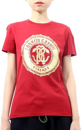 Roberto Cavalli Ladies Carmine Foil Mirror Snake Logo Cotton Jersey T-shirt, Brand Size 44 ( US Size 10 )