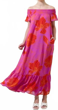 Sugarlips Luxe Getaway Floral Smocked Shoulder Maxi Dress In Purple/ Red
