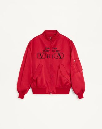 Valentino Valentino nylon satin bomber jacket with YOU CAN COME TO MY VILLA embroidery