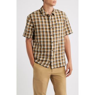 Brixton Cru Plaid Linen Blend Short Sleeve Shirt in Black/Tobacco Plaid at Nordstrom, Size Xx-Large