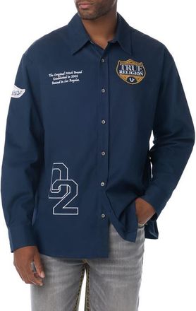 True Religion Logo Graphic Long Sleeve Cotton Shirt in Dress Blue at Nordstrom, Size Xxx-Large