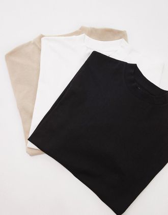 Topman 3 pack relaxed fit t-shirt in black, white and stone-Multi