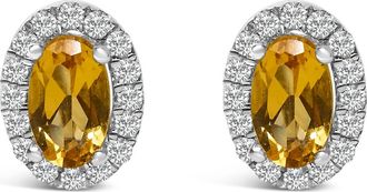 House of Brilliance 10K White Gold 5x3 MM Oval Cut Birthstone and Diamond Halo Stud Earrings in Yellow Citrine at Nordstrom