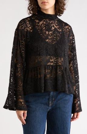 Sanctuary Ruffle Long Sleeve Lace Top in Black at Nordstrom Rack, Size X-Small