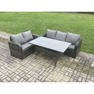 Fimous Outdoor Garden Patio Furniture Wicker Rattan Oblong Rectangular Dining Table and Lounge Sofa set Dark Grey Mixed - Fimous