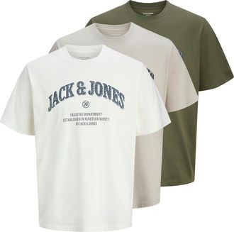 Jack & Jones T-Shirt JACK & JONES JJEDENVER GRAPHIC TEE SS O-NECK 3PK MP, Herren, Gr. XXL, moonbeam pack:moonbeam, dusty olive, cloud dancer, Jersey, Obermaterial: