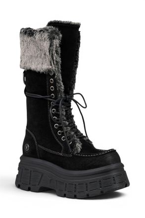 Windsor Smith Womens Black Suede Leather Platform Combat Fur Boots - Saintly