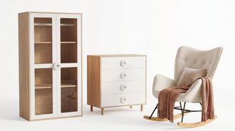 Urban Meuble Conjunto de sal&oacute;n: vitrina, c&oacute;moda y mecedora, blanco y madera