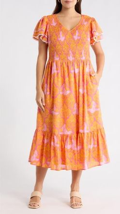 Sugarlips Jaidy Floral Patte Tiered Midi Dress in Orange-Pinks-Multi at Nordstrom, Size 2X