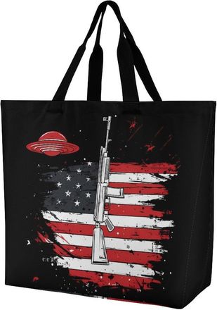Generic Aliens Rifle U.S.A. Flag Reusable Shopping Bags One Shoulder Grocery Tote Bag Waterproof Big Purse for Work Travel