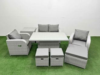 Fimous Light Grey PE Wicker Rattan Garden Furniture Set Sofa Set Reclining Chair Adjustable Lifting Dining or Coffee Table 7 Seater 3 Stools Side
