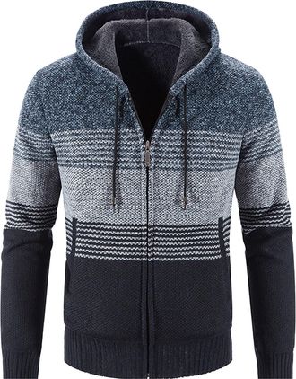 Generic Mens Hoodie Knitted Cardigan Fleece Lined Knit Sweater Jacket Full Zip Long Sleeve Chunky Knitwear Drawstring Hoody Jumper Autumn Winter Thick Warm Co