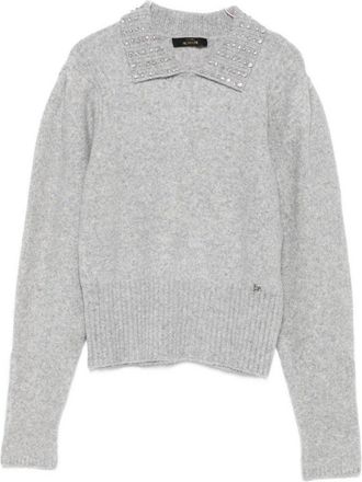 Twin-Set Light Grey Sweater With Crystal Embellished Collar And Ribbed Hem