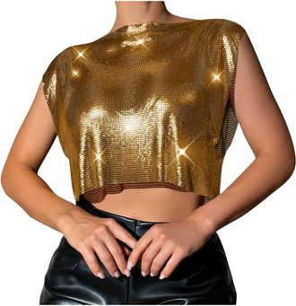 Generic Sparkly Tops for Women UK Glitter Sequin Shirt Ladies Carnival Party Blouse Top Elegant Shimmer Crew Neck Sleeveless T Shirts Womens Holiday Carnival 