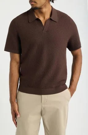 Open Edit Johnny Collar Textured Polo Sweater in Brown Bean at Nordstrom, Size Xx-Large