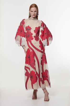 Karen Millen Womens Applique Organdie Floral Graphic Woven Maxi Dress - Coral - Size 6 UK