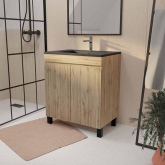 Aurlane Aurlane - Mueble De Ba&ntilde;o 70cm 2 Puertas Aspecto Roble Natural Y Lavabo Negro Mate